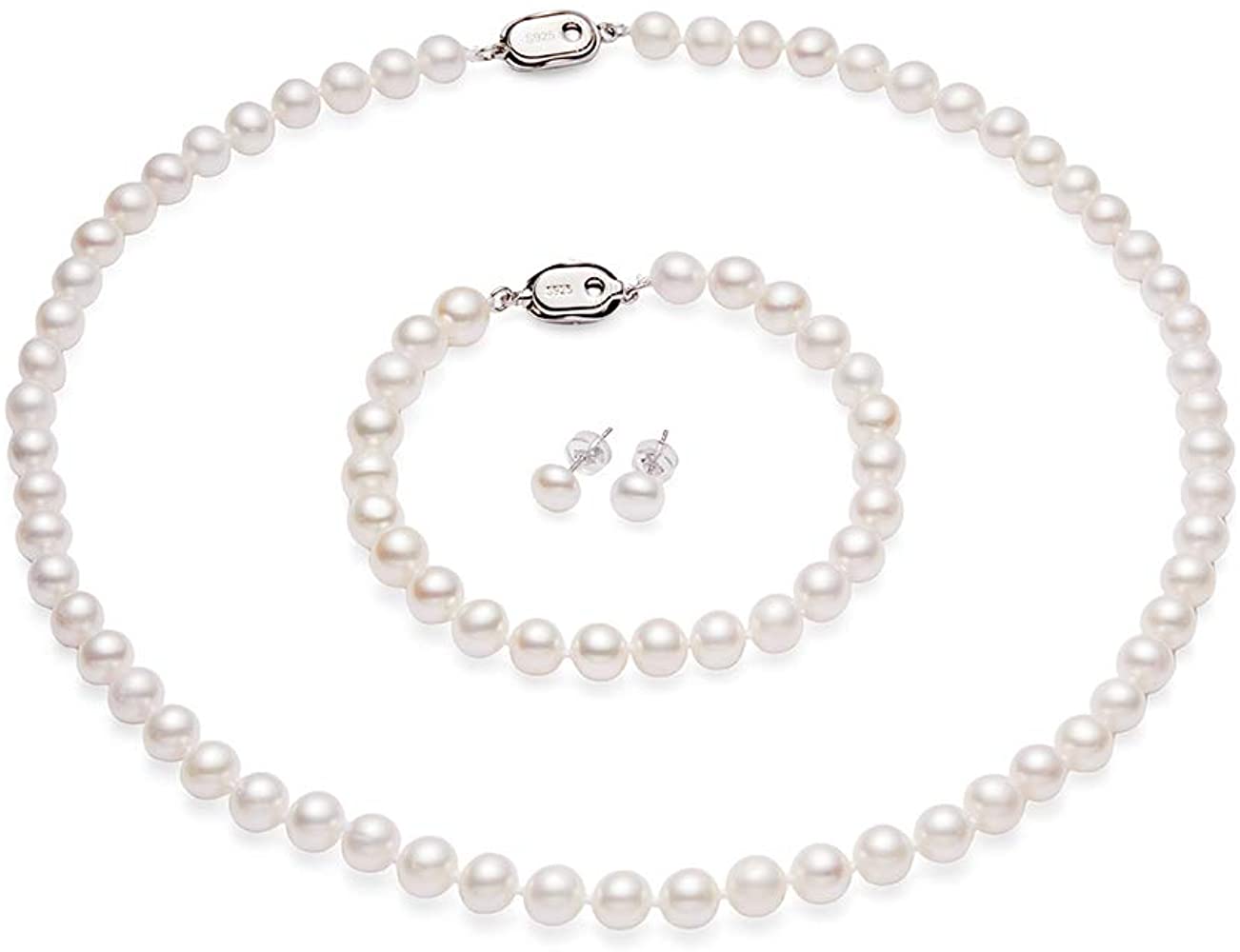 Best White Freshwater Cultured Pearl Necklace Set Includes atractive Bracelet and Stud Earrings Jewelry for every Women and Girls