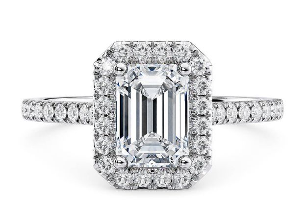 Aphrodite Halo emerald cut engagement rings