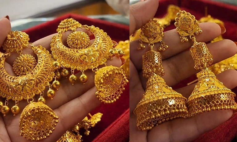 Gold-Toned & Pink Stone-Studded Jhumka Earrings-sgquangbinhtourist.com.vn